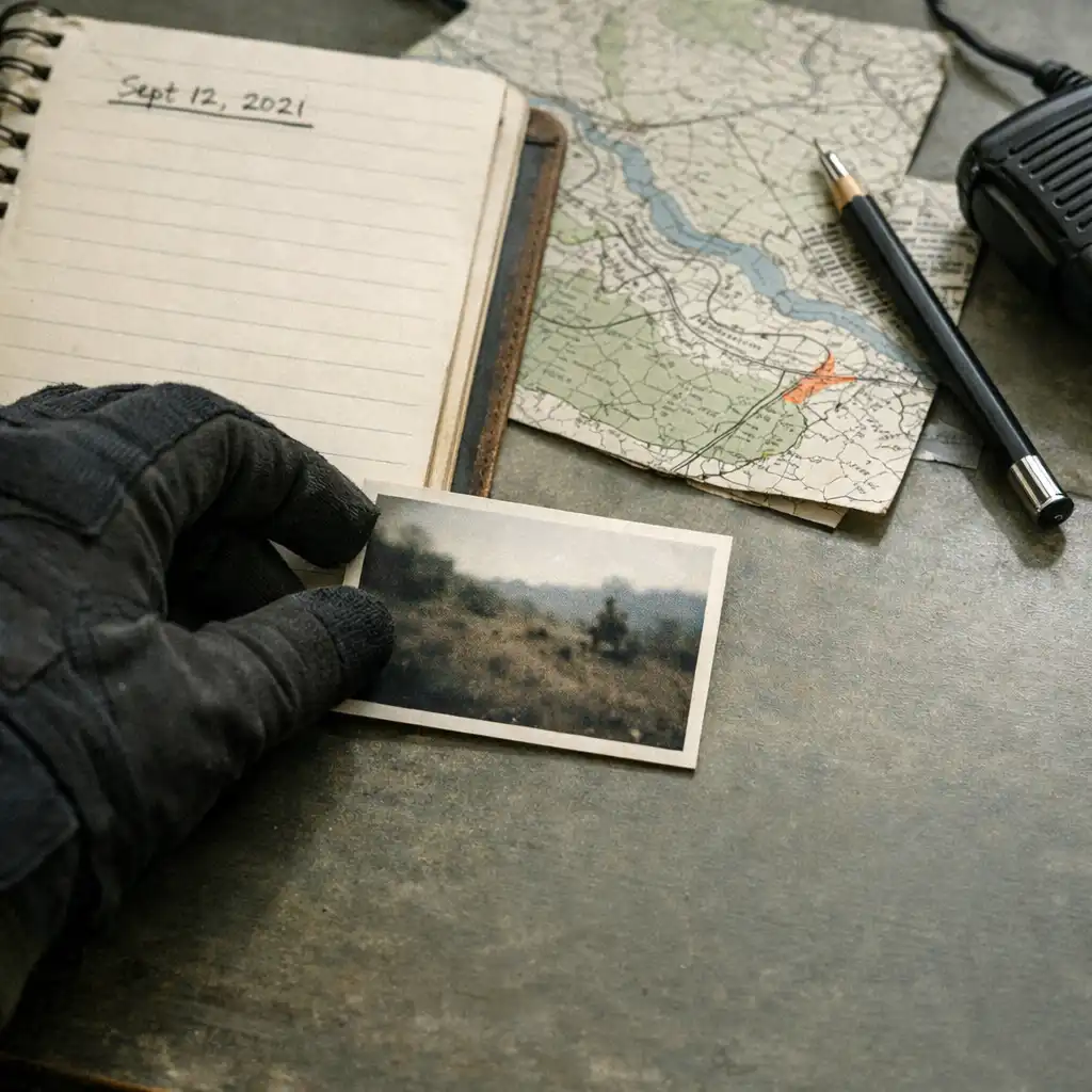 Field note and map fragment on an independent research desk