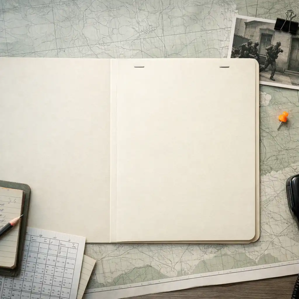 Planning desk with a blank paper dossier, maps and a radio handset
