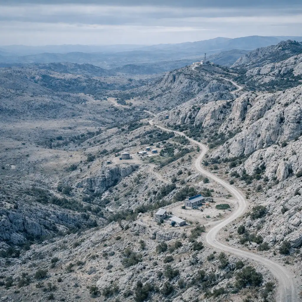 Oblique aerial view of an unnamed rugged landscape with ridges and a winding road.
