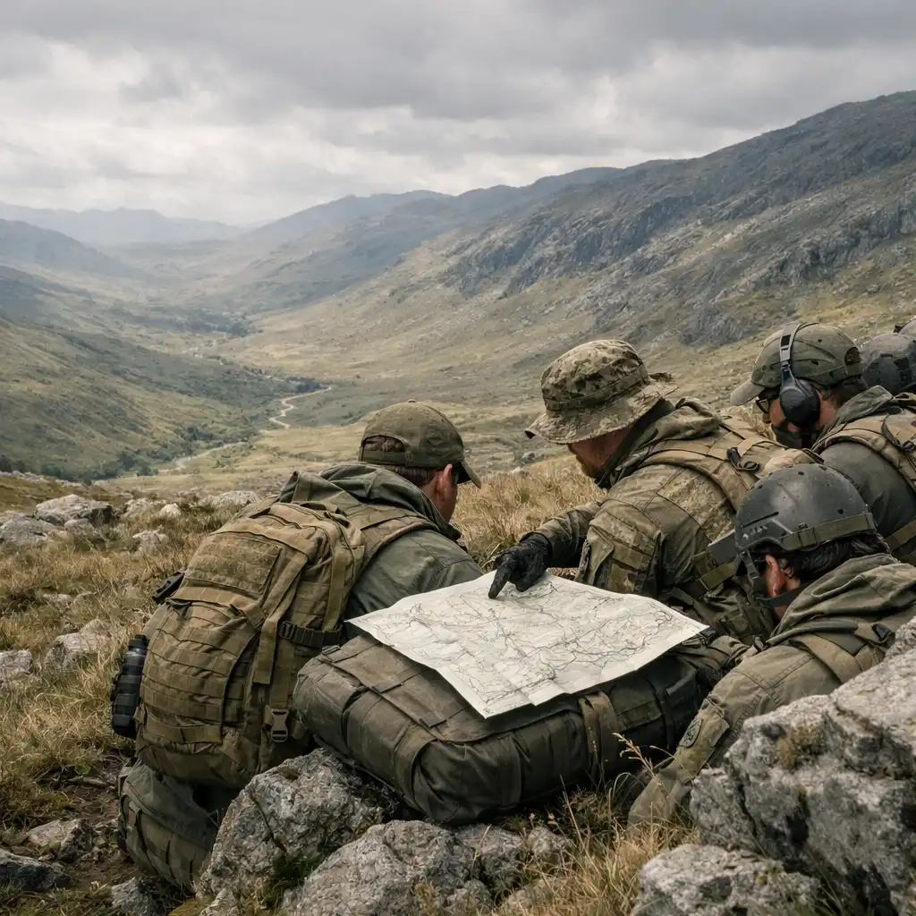 A small squad studies a paper terrain chart in an unnamed highland landscape.
