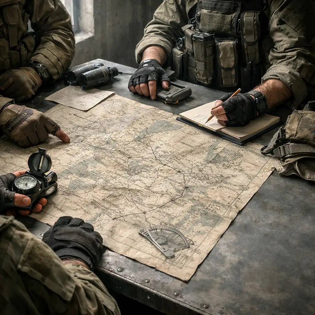 A non-identifying tactical squad plans around paper maps on a table.