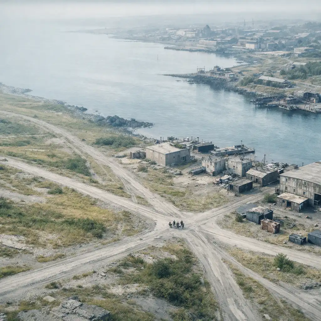 Aerial view of an unbranded coastal-industrial terrain with roads and route-like junctions