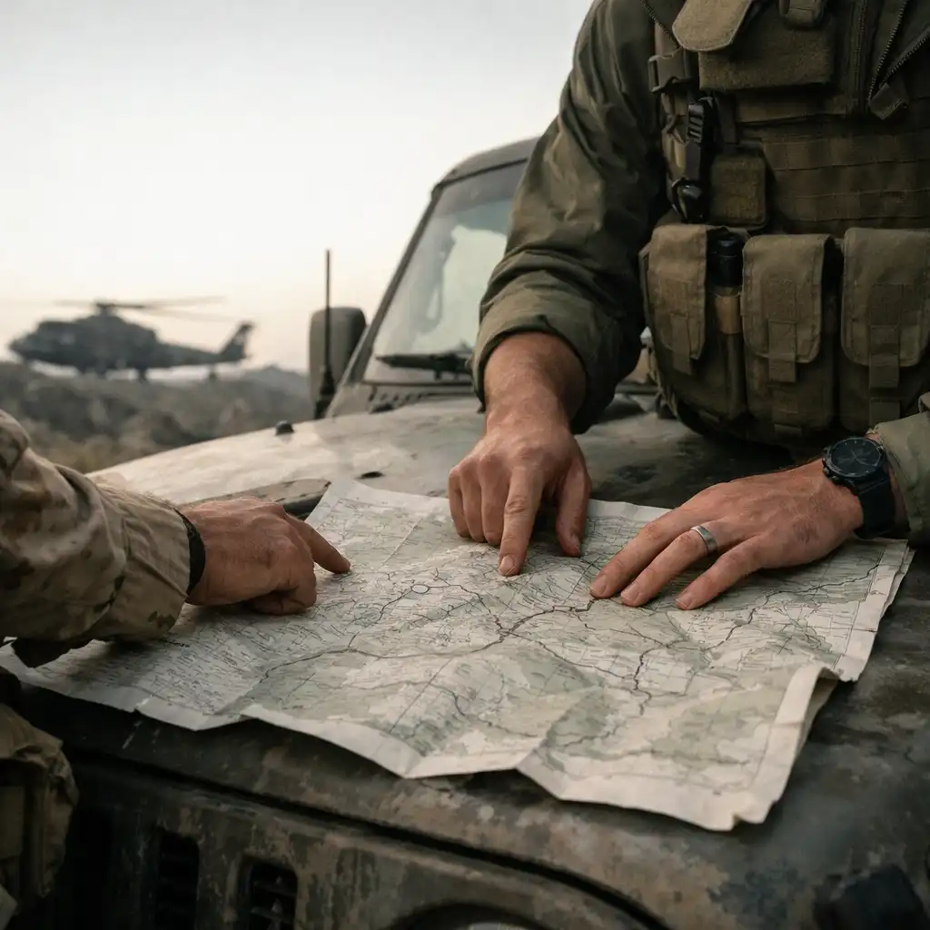 Two unbranded soldiers studying a terrain sheet beside a weathered utility vehicle
