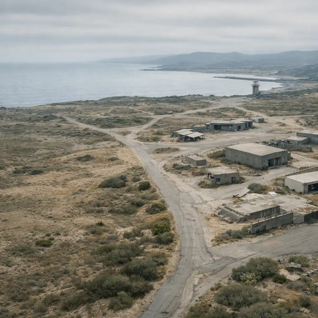 Aerial view of a remote coastal-industrial planning landscape with roads and scrub