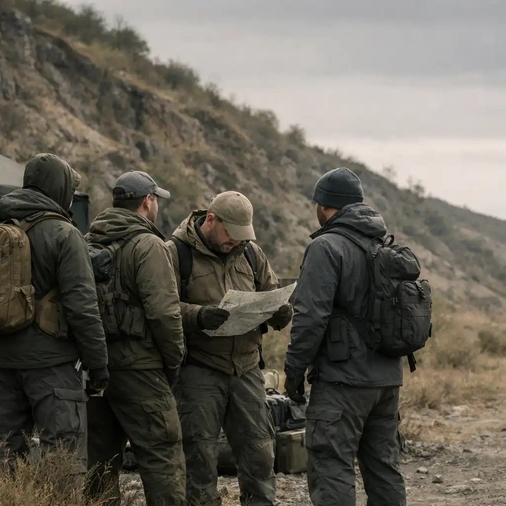 Four anonymous outdoor players regrouping beside a hillside while one studies a folded paper map