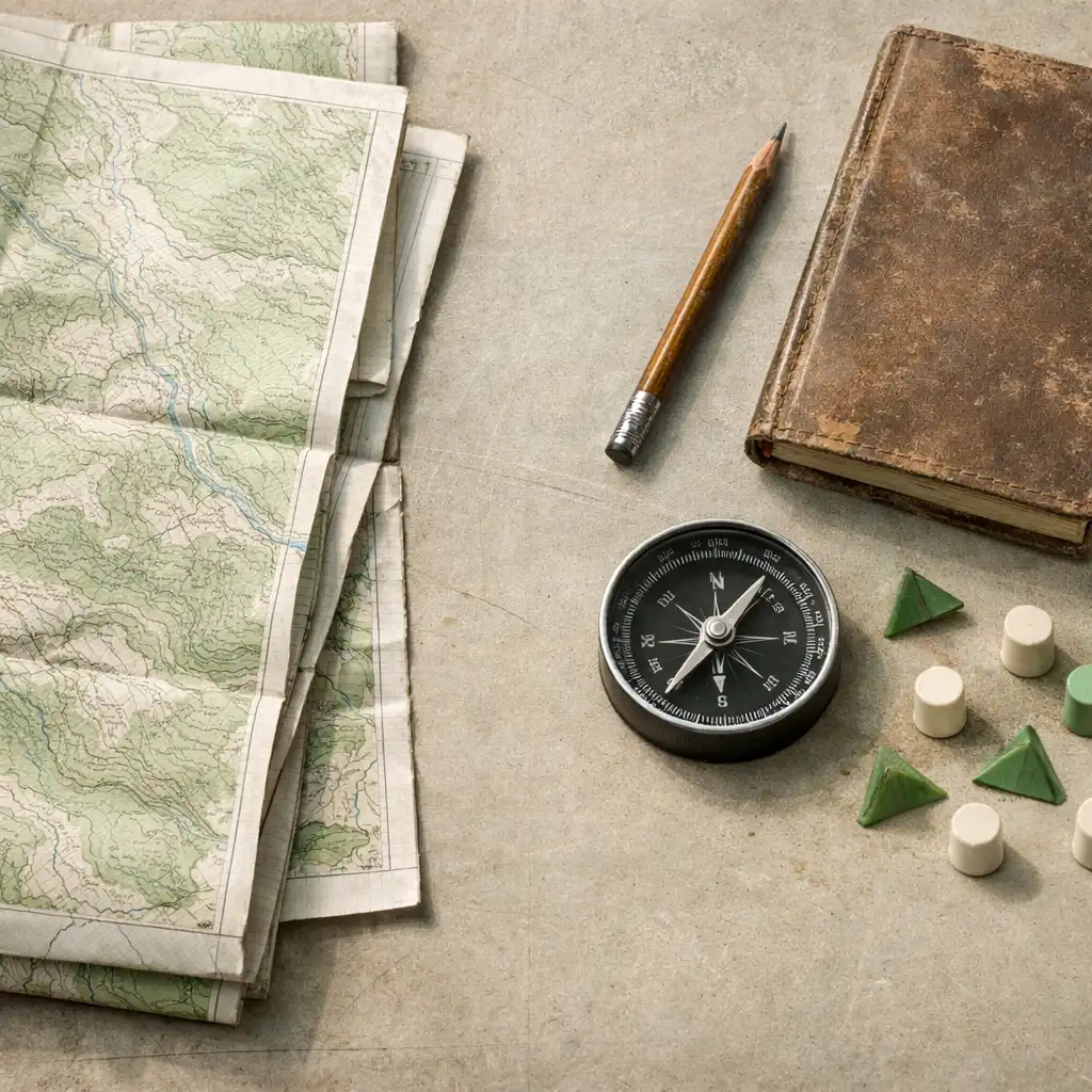 Overhead view of a planning table with a folded topographic paper map, compass, pencil and notebook