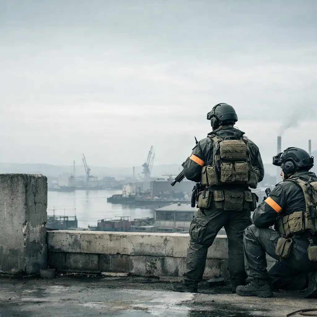 Anonymous tactical squad overlooking an industrial harbour district