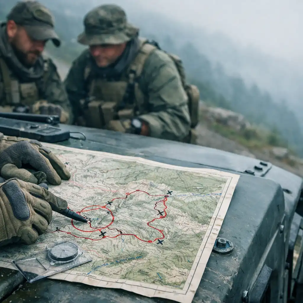 Anonymous players reviewing a paper topographic map on a vehicle bonnet