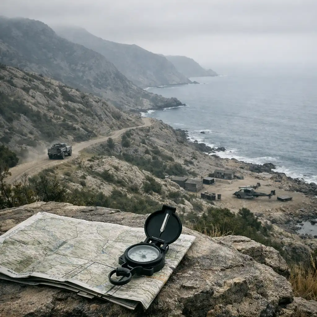 Rugged terrain with a distant vehicle route, field map and compass