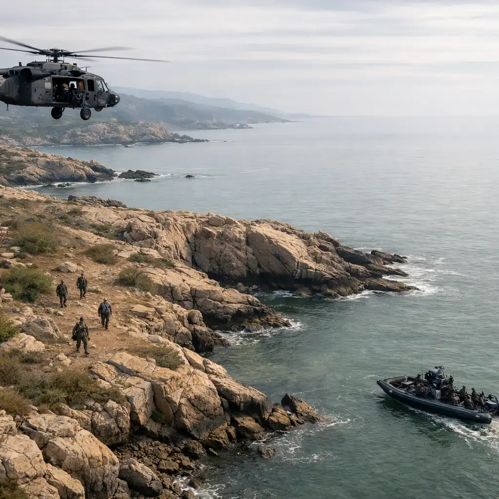 A helicopter above a rugged shoreline with watercraft near a sheltered approach