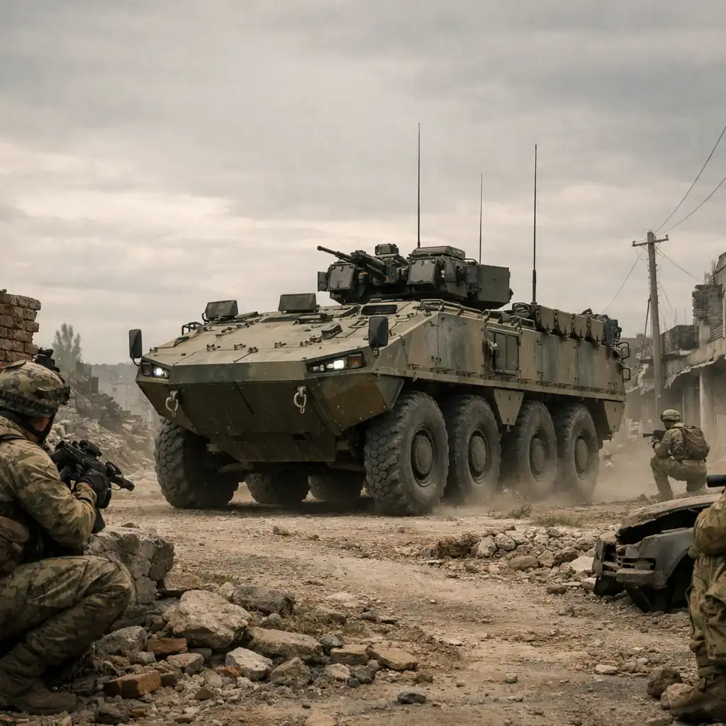 An armoured ground vehicle moving near teammates at an urban edge