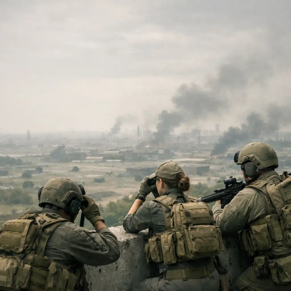 A small squad observing a broad urban-industrial battlefield from a concrete overlook
