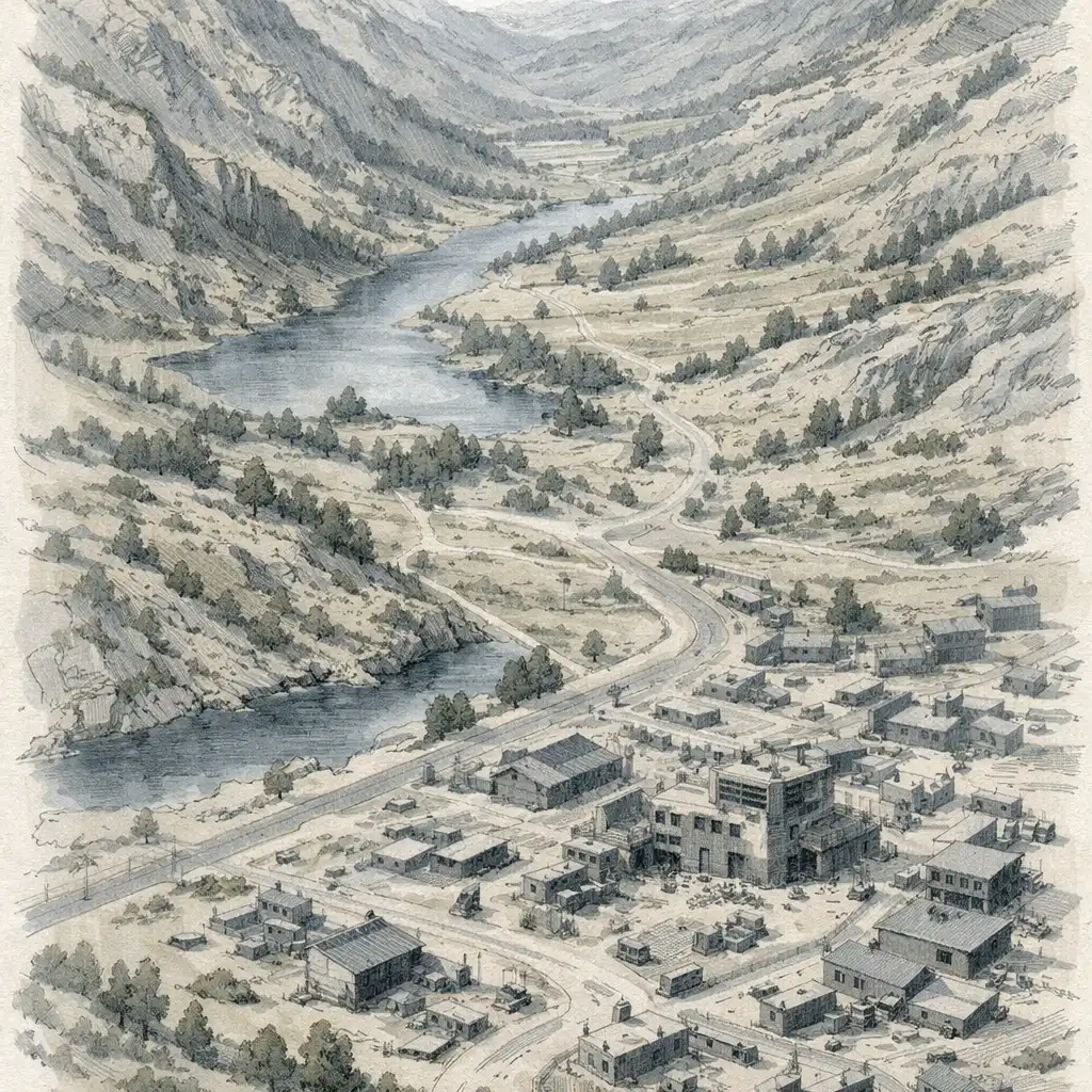 Aerial study of a mountainous valley meeting a built-up area with roads and water-adjacent ground